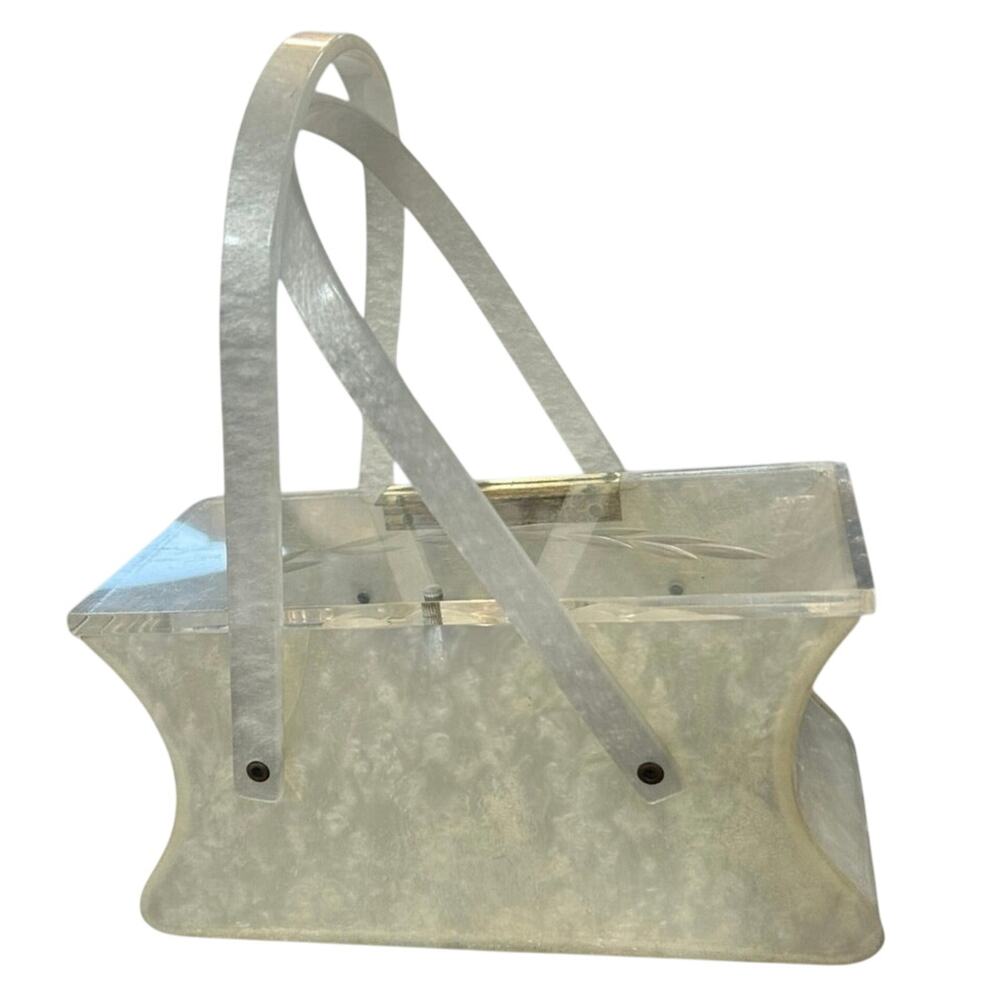1950s Lucite Handbag Pearl Marbled Etched Leaf Mid Century Marvolous!
